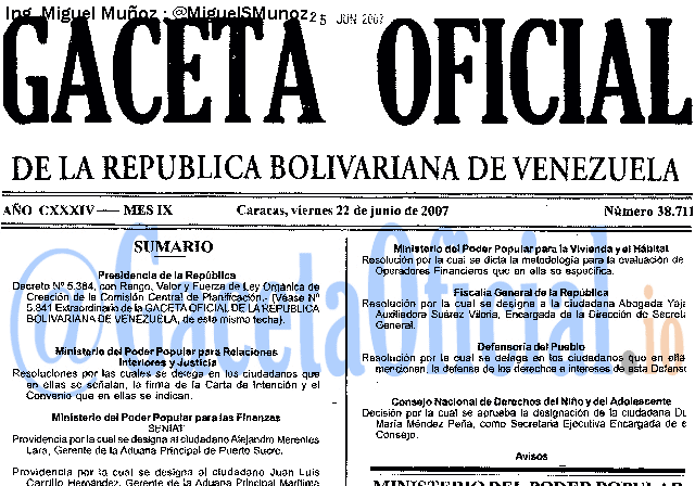 Gaceta Oficial 38711 del 22 Junio 2007
