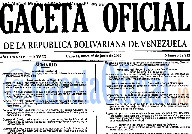 Gaceta Oficial 38712 del 25 Junio 2007