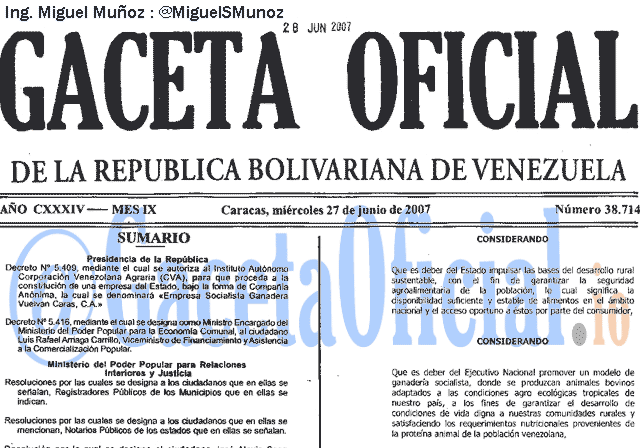Gaceta Oficial 38714 del 27 Junio 2007