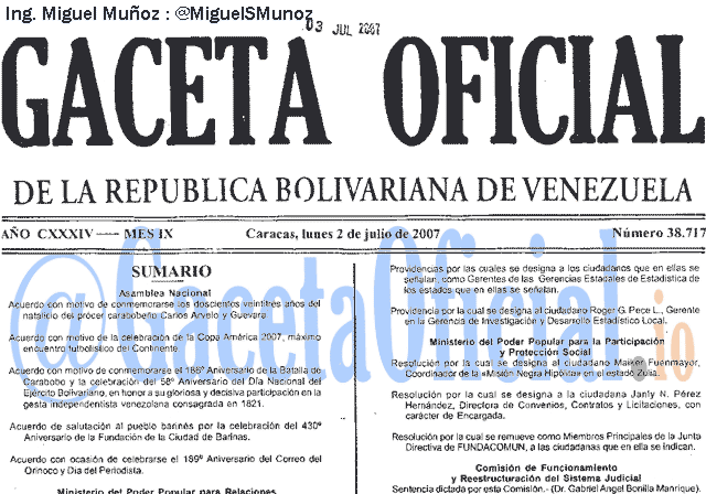 Gaceta Oficial 38717 del 2 Julio 2007