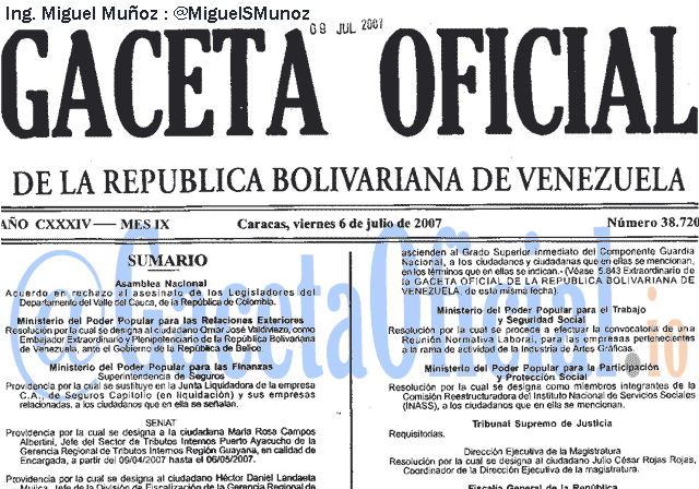 Gaceta Oficial 38720 del 6 Julio 2007