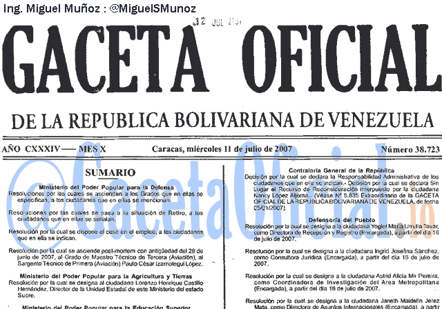 Gaceta Oficial 38723 del 11 Julio 2007