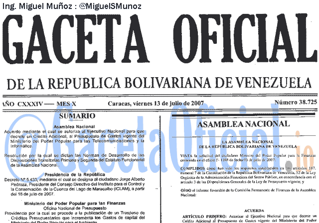 Gaceta Oficial 38725 del 13 Julio 2007