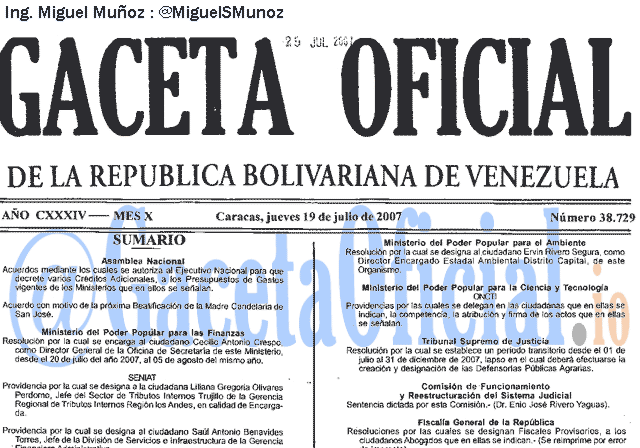 Gaceta Oficial 38729 del 19 Julio 2007
