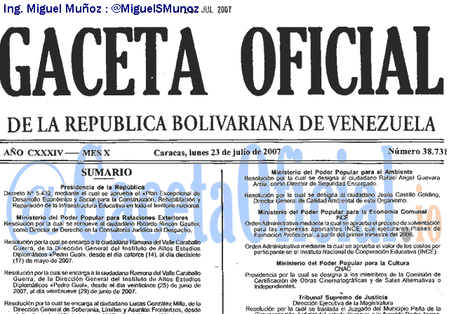 Gaceta Oficial 38731 del 23 Julio 2007