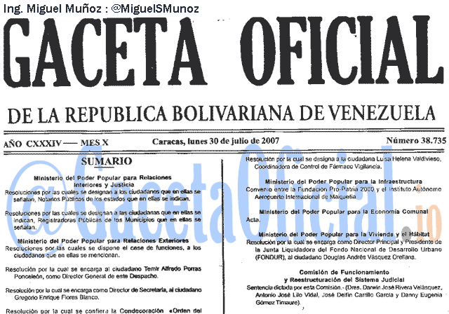 Gaceta Oficial 38735 del 30 Julio 2007