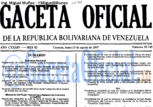 Gaceta Oficial 38745 del 13 Agosto 2007