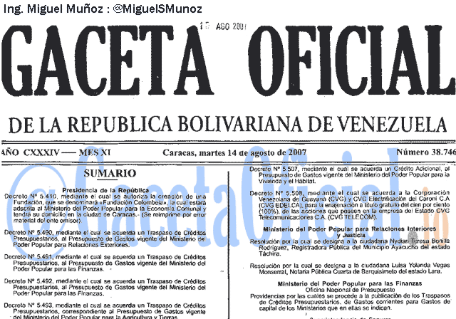 Gaceta Oficial 38746 del 14 Agosto 2007