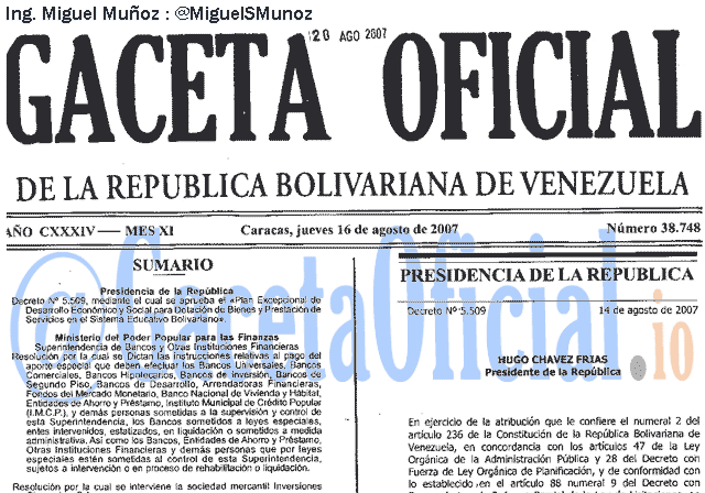 Gaceta Oficial 38748 del 16 Agosto 2007