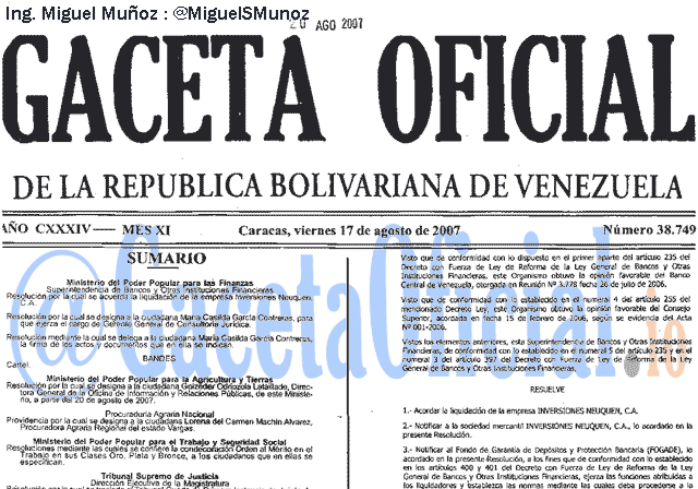 Gaceta Oficial 38749 del 17 Agosto 2007
