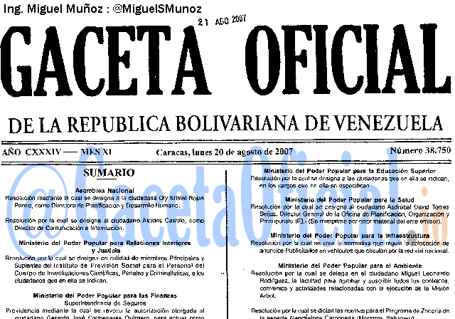 Gaceta Oficial 38750 del 20 Agosto 2007