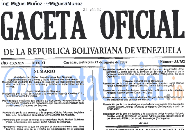 Gaceta Oficial 38752 del 22 Agosto 2007