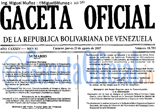 Gaceta Oficial 38753 del 23 Agosto 2007