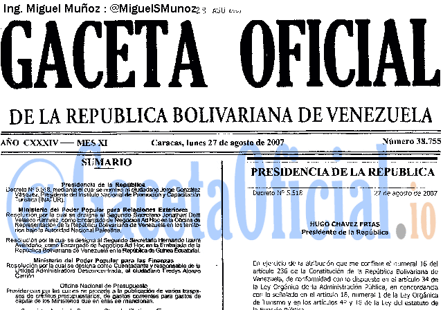 Gaceta Oficial 38755 del 27 Agosto 2007