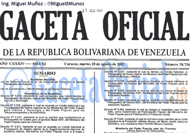 Gaceta Oficial 38756 del 28 Agosto 2007