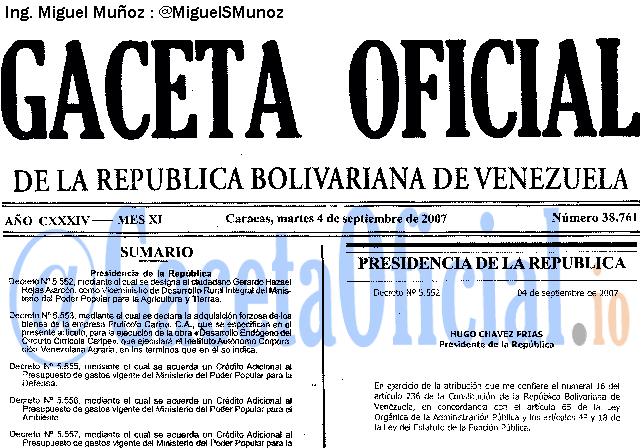 Gaceta Oficial 38761 del 4 Septiembre 2007