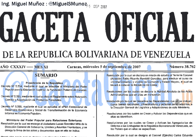 Gaceta Oficial 38762 del 5 Septiembre 2007