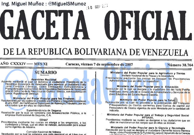 Gaceta Oficial 38764 del 7 Septiembre 2007