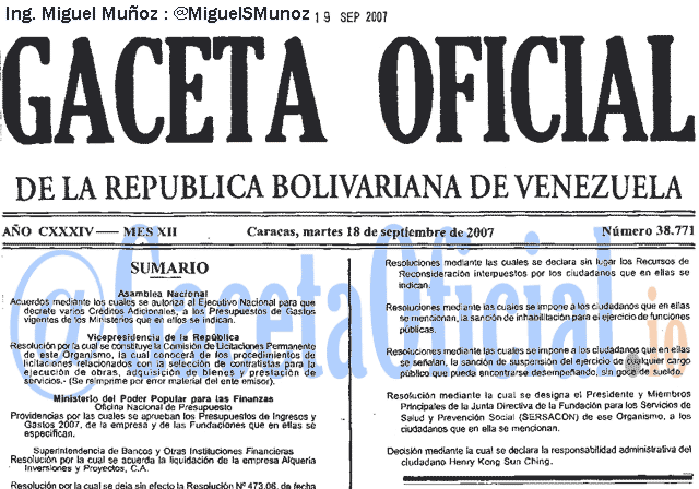 Gaceta Oficial 38771 del 18 Septiembre 2007