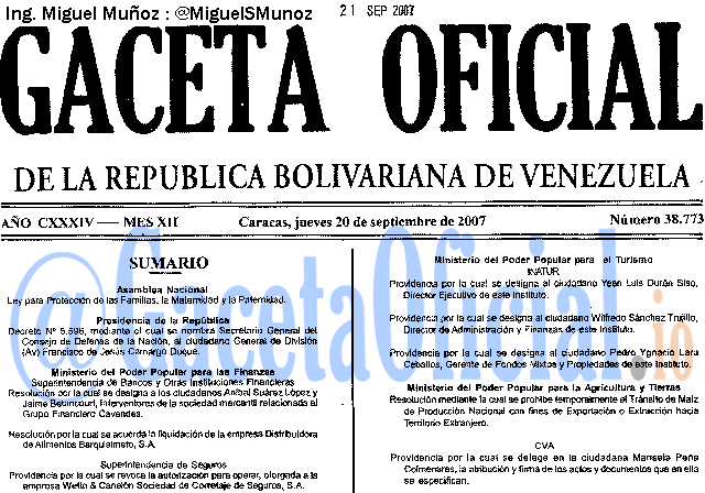 Gaceta Oficial 38773 del 20 Septiembre 2007