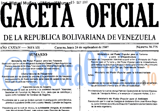 Gaceta Oficial 38775 del 24 Septiembre 2007