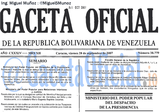 Gaceta Oficial 38779 del 28 Septiembre 2007
