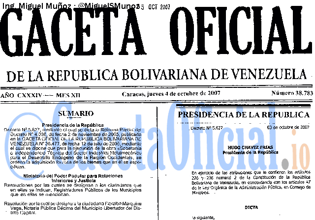 Gaceta Oficial 38783 del 4 Octubre 2007