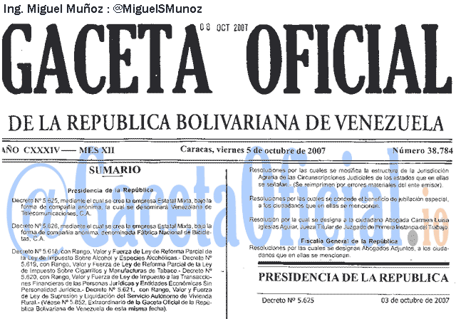 Gaceta Oficial 38784 del 5 Octubre 2007