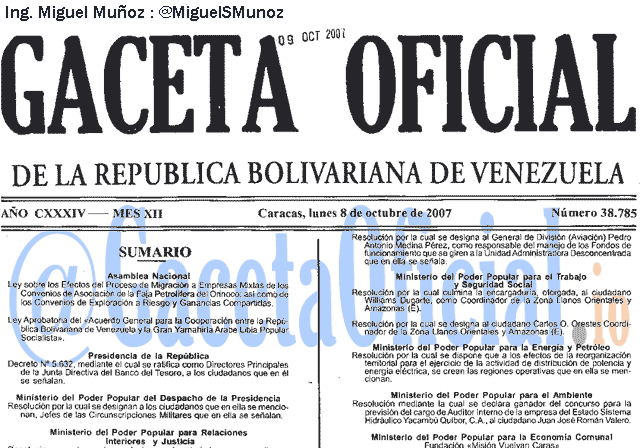 Gaceta Oficial 38785 del 8 Octubre 2007