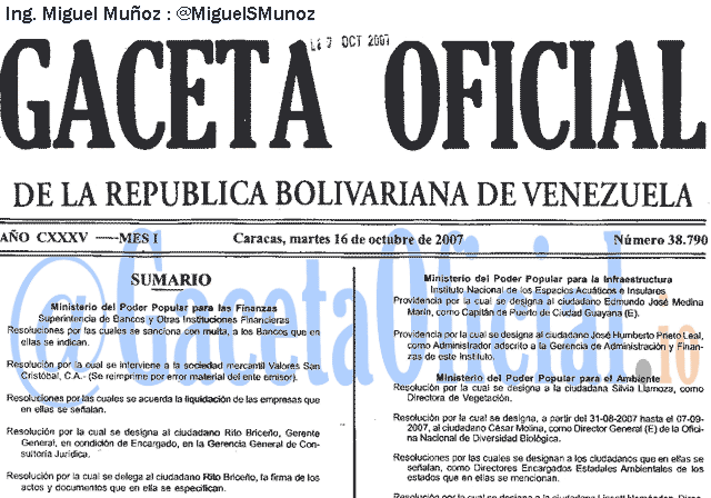 Gaceta Oficial 38790 del 16 Octubre 2007
