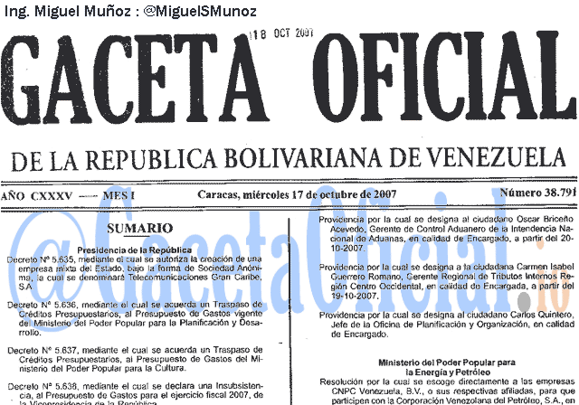 Gaceta Oficial 38791 del 17 Octubre 2007