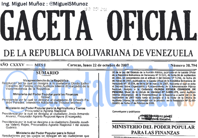 Gaceta Oficial 38794 del 22 Octubre 2007