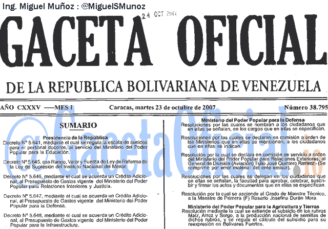 Gaceta Oficial 38795 del 23 Octubre 2007