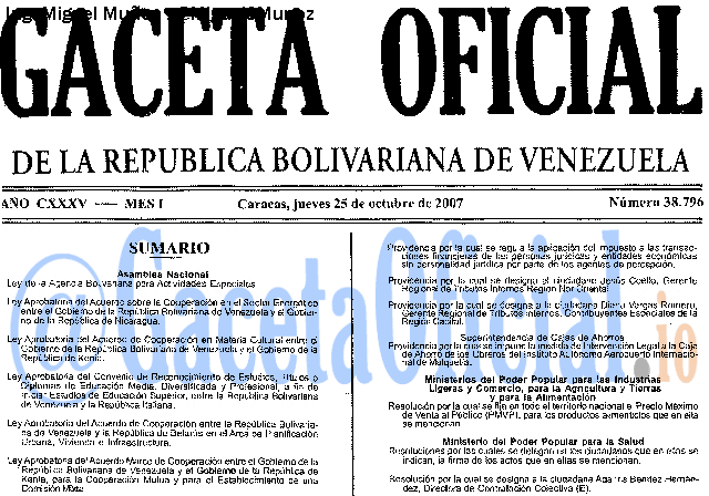 Gaceta Oficial 38796 del 25 Octubre 2007