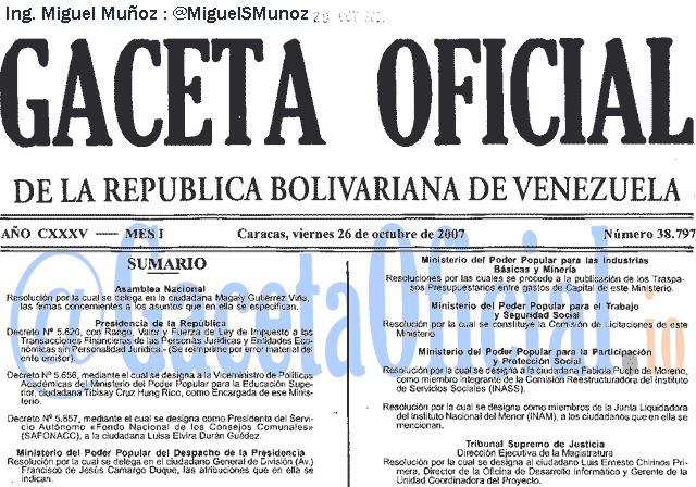 Gaceta Oficial 38797 del 26 Octubre 2007