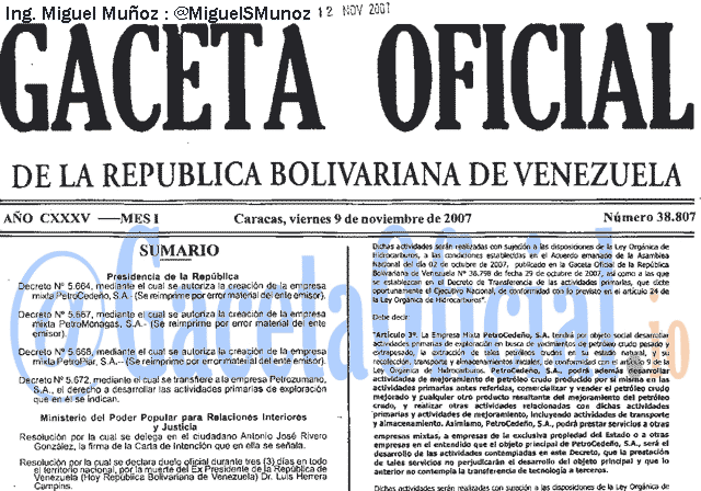 Gaceta Oficial 38807 del 9 Noviembre 2007