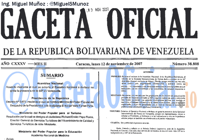 Gaceta Oficial 38808 del 12 Noviembre 2007