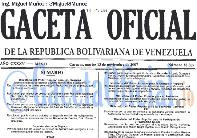 Gaceta Oficial 38809 del 13 Noviembre 2007