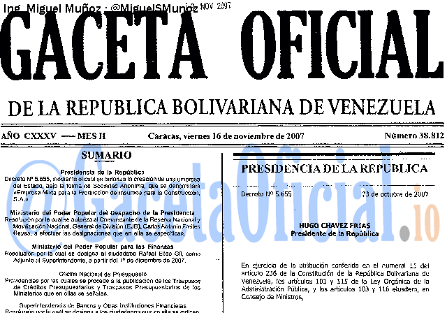 Gaceta Oficial 38812 del 16 Noviembre 2007