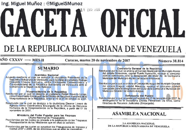 Gaceta Oficial 38814 del 20 Noviembre 2007