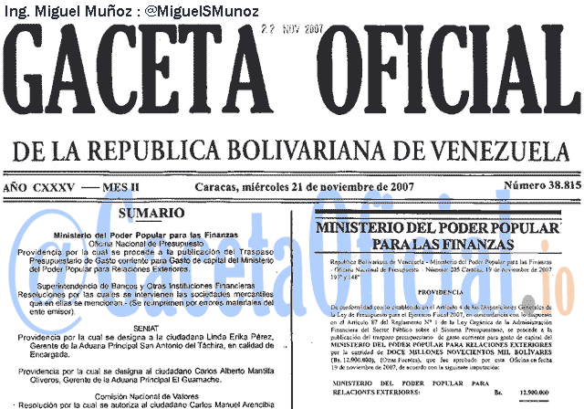 Gaceta Oficial 38815 del 21 Noviembre 2007