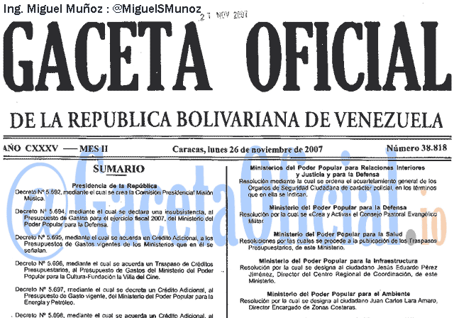 Gaceta Oficial 38818 del 26 Noviembre 2007