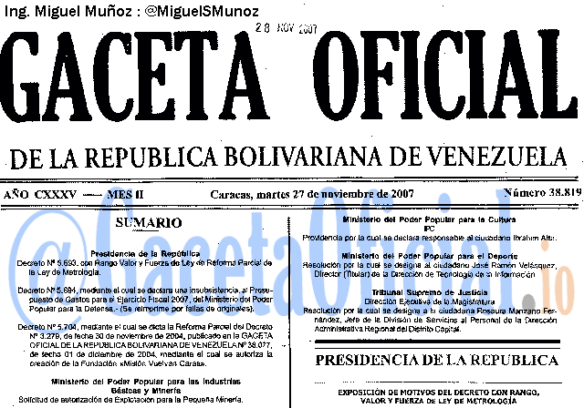 Gaceta Oficial 38819 del 27 Noviembre 2007