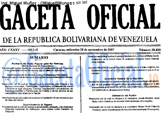 Gaceta Oficial 38820 del 28 Noviembre 2007