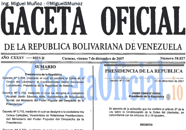 Gaceta Oficial 38827 del 7 Diciembre 2007