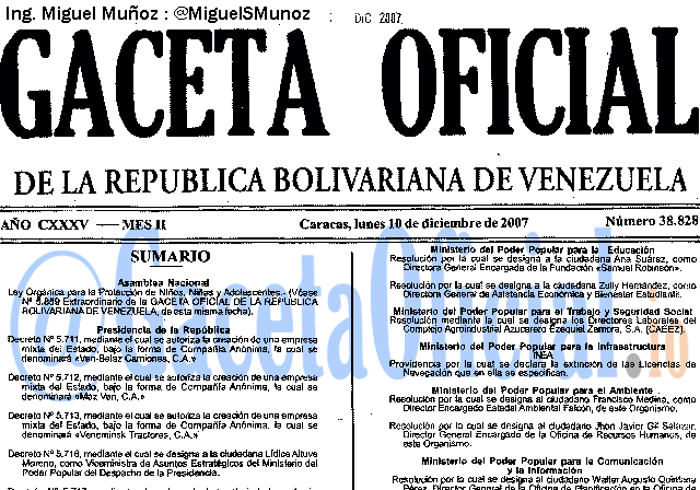 Gaceta Oficial 38828 del 10 Diciembre 2007