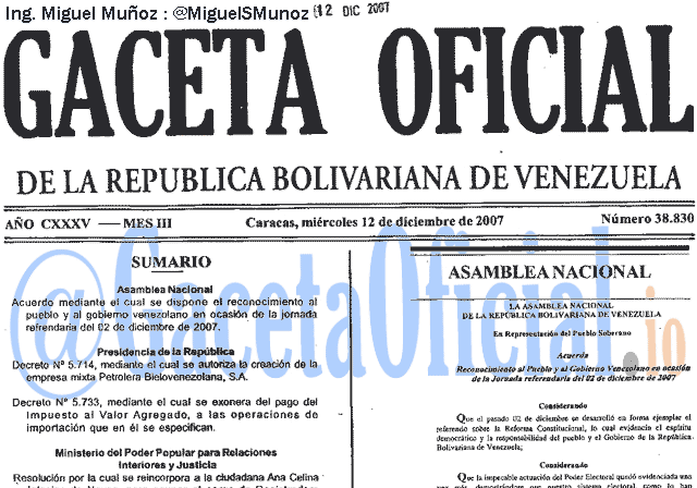 Gaceta Oficial 38830 del 12 Diciembre 2007