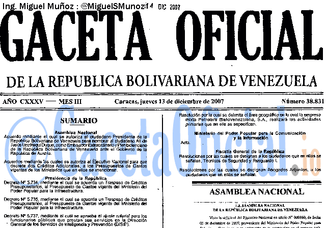 Gaceta Oficial 38831 del 13 Diciembre 2007