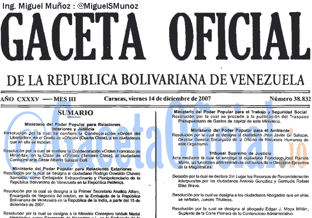 Gaceta Oficial 38832 del 14 Diciembre 2007