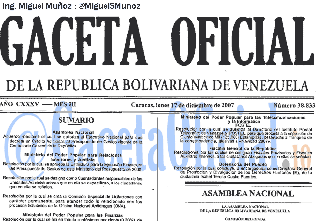 Gaceta Oficial 38833 del 17 Diciembre 2007